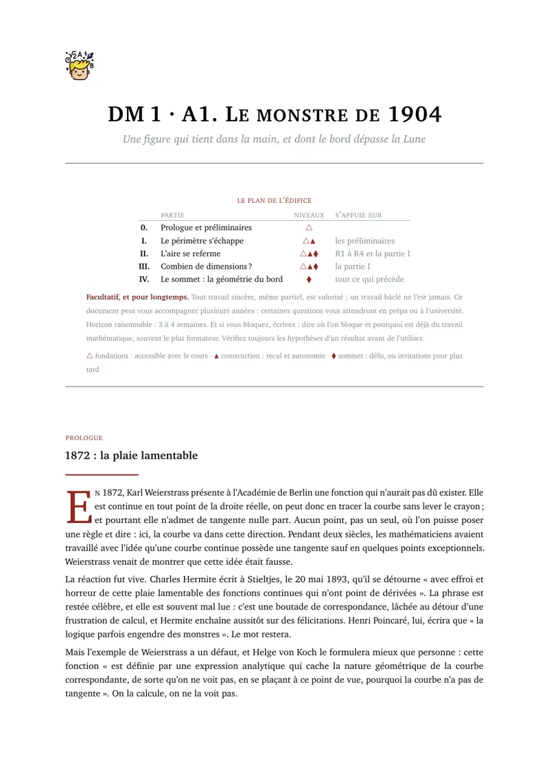 Première page d'un devoir maison de Terminale : Le monstre de 1904, sur le flocon de von Koch